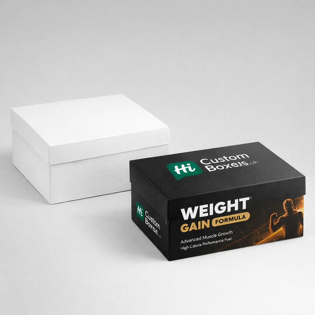 Two corrugated mailer boxes, one brown kraft and one white with blue wave interior patterns. class=